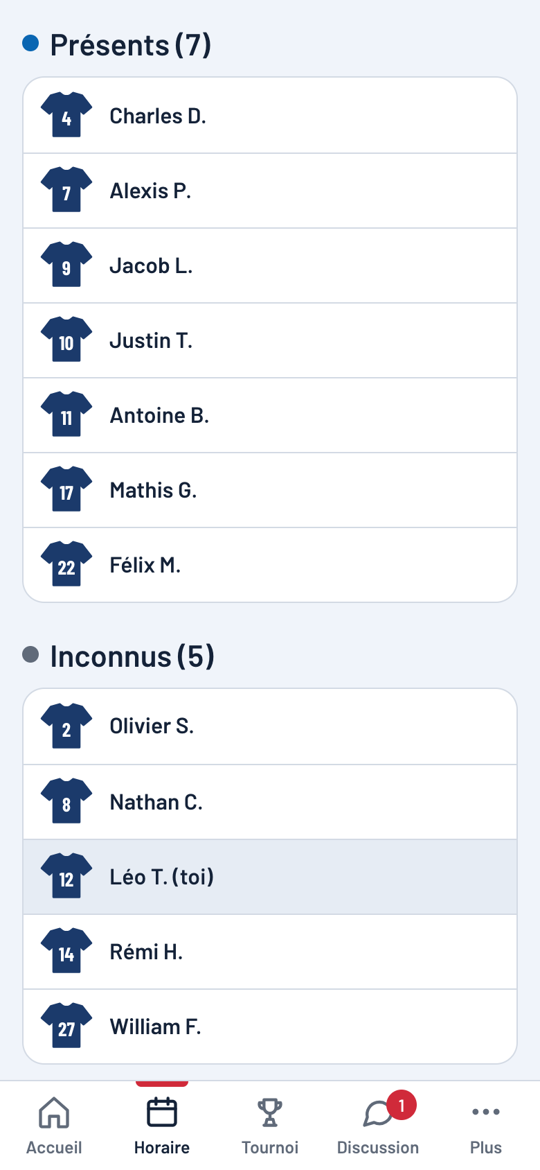 Détail d’un match: liste des présents et des inconnus, avec numéro de chandail et prénom (données fictives).