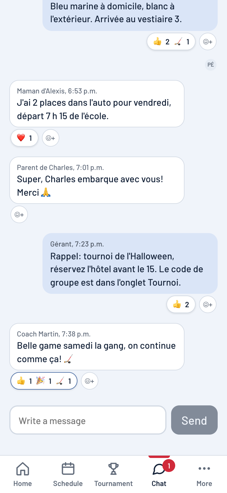 Team chat thread with reactions under the messages (sample data).