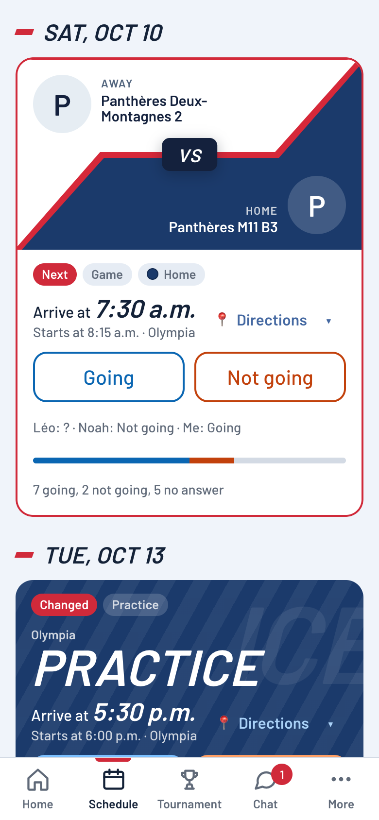 Schedule: events grouped by day, game card with arrival time, directions and In and Out buttons (sample data).