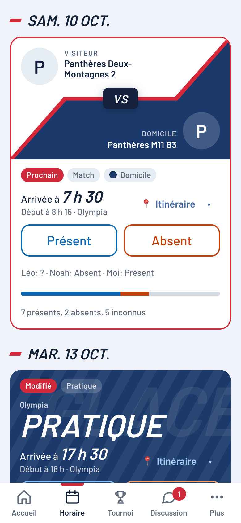 Horaire: événements regroupés par jour, carte de match avec heure d’arrivée, itinéraire et boutons Présent et Absent (données fictives).