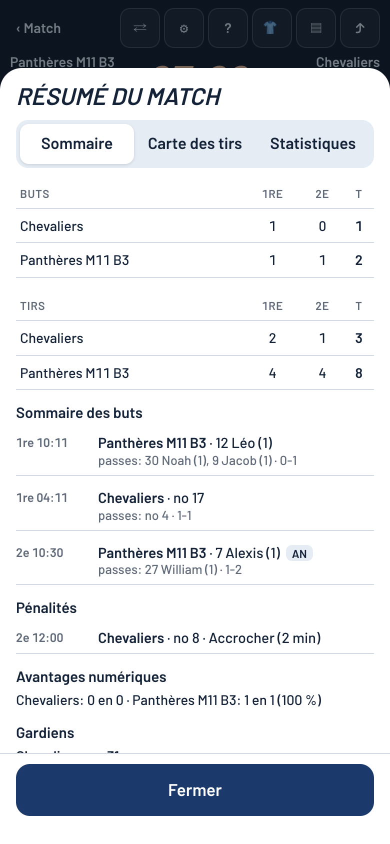 Résumé du match: buts et tirs par période, sommaire des buts avec passes, pénalités et avantages numériques (données fictives).